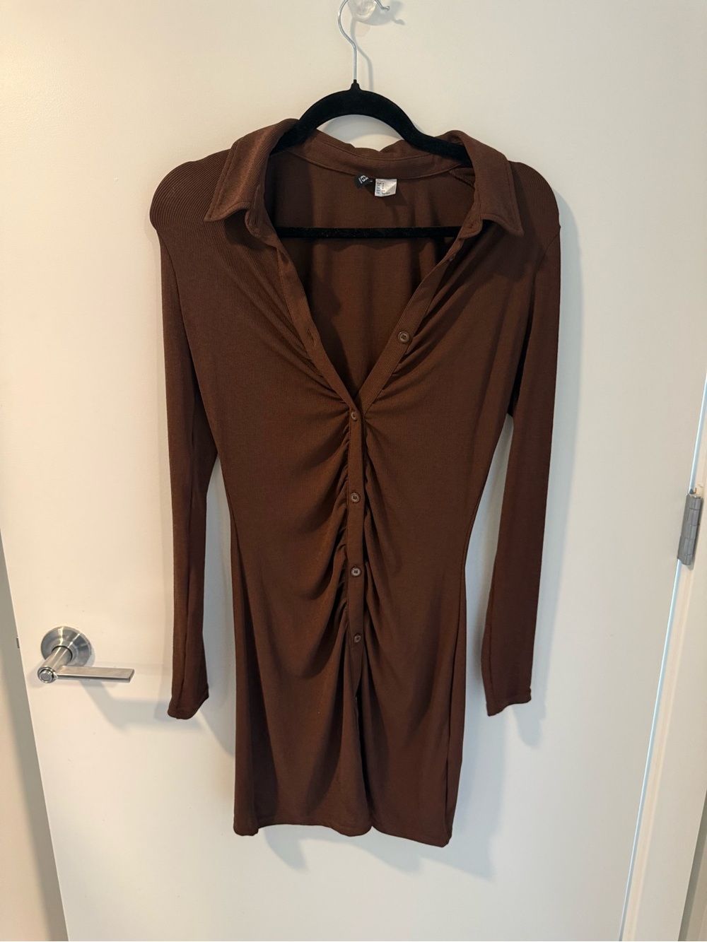 H&M Chocolate Brown Long-Sleeve Ruched Button Dress